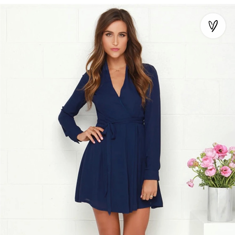 Tie, Tie Again Navy Blue Long Sleeve Wrap Dress